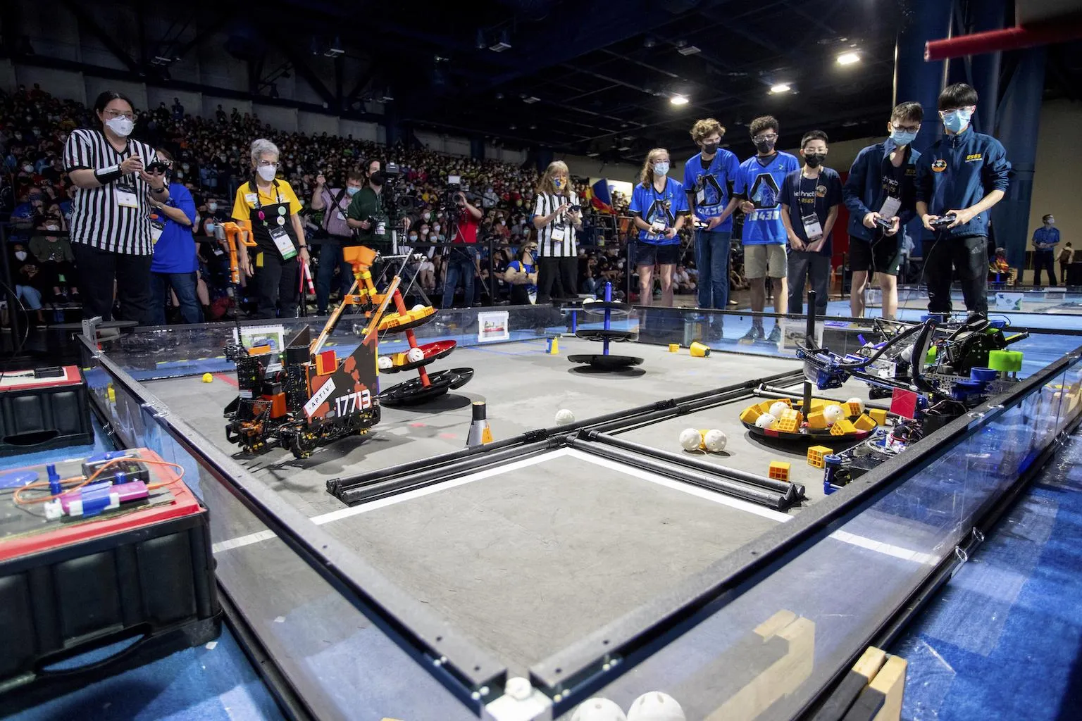 FTC robots competing in an alliance match